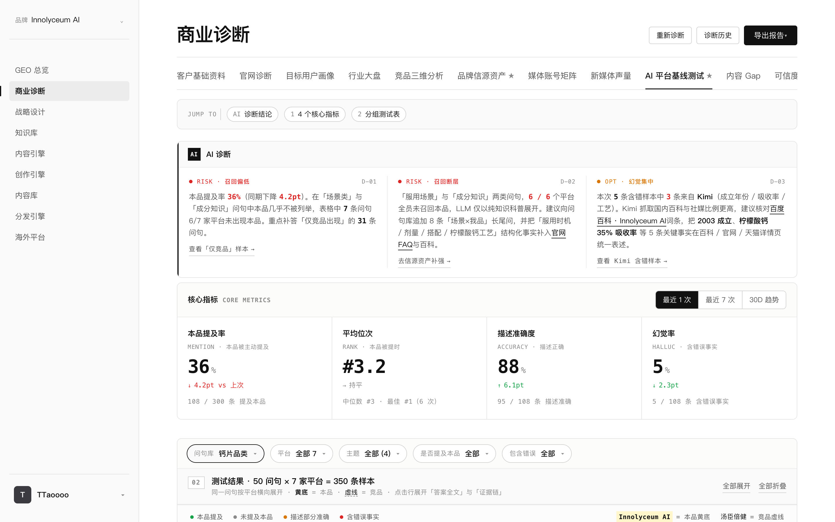启航创服 GEO 系统中的AI平台基线测试示意,展示不同AI平台回答差异、品牌提及和基线状态