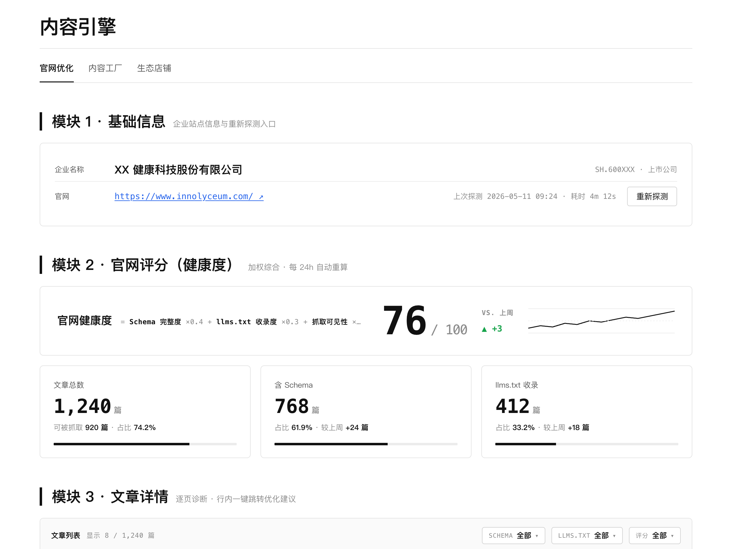 启航创服 GEO 官网结构化与内容引擎示意截图，展示Schema 等结构化信息、文章详情与抓取可见性，已脱敏